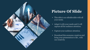 Slide with four images of business charts and graphs in a diamond shape, with a description, set against a blue background.