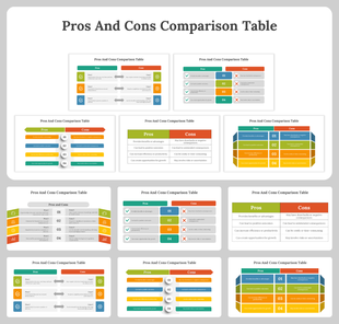 Group of slides with grid layouts of pros and cons comparison tables featuring colorful sections and text.