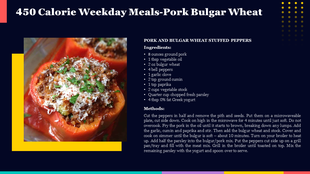 Dark themed recipe slide showing stuffed bell peppers image with detailed ingredients list and cooking steps.