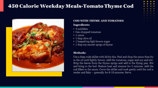 Recipe card featuring a plate of tomato thyme cod with ingredients and preparation method on a dark background.