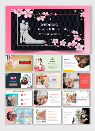Collection of wedding themed slides featuring various designs for invitations, planners, and themes.