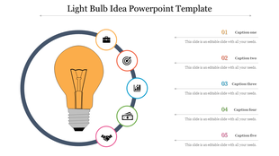 PowerPoint slide with light bulb graphic at the center surrounded by icons representing different ideas, with five captions.