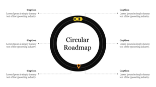 A circular roadmap diagram slide featuring a yellow car, with sections for captions around the perimeter circle.