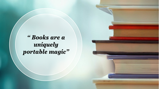 A close up of stacked books with the inspirational quote overlaid in a soft circular design.