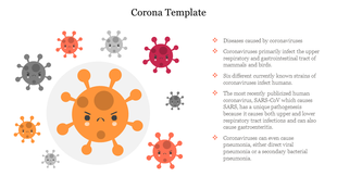 Infographic slide with angry virus illustrations in orange, red, and gray, paired with coronavirus information bullets.