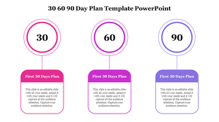 30 60 90 day plan layout with three columns, each featuring a circle and text box in pink, purple, and blue.