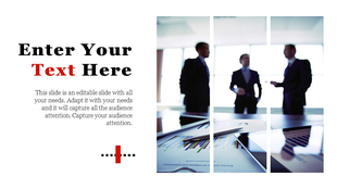 Business slide featuring text and a vertical triptych image showing people in suits with documents and charts on a table.