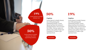 Business innovation slide with two red percentage bubbles on the left and text with presentation buttons on the right.