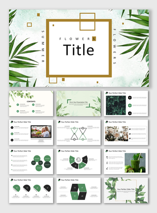 Slide deck with soft green and white themes, featuring leafy designs, gold frames, and text areas with simple, clean layouts.