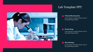 Lab themed slide featuring a researcher using a microscope and three captions, with pink accents, on a dark background.