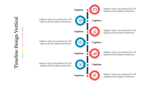 Vertical timeline with seven colorful circular icons in alternating red and blue, with connecting lines between them.