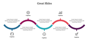 Wavy horizontal infographic with five curved arrow segments in different colors, each containing text and paired with icons.