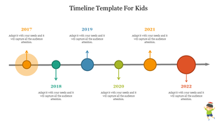 Colorful timeline template for kids with yearly events from 2017 to 2022 with vibrant markers and a cartoon character.