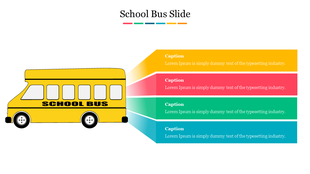 Yellow school bus graphic on the left, with four colorful horizontal text boxes extending to the right, each with captions.