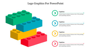 A slide featuring four stacked colorful lego blocks and four captions with placeholder text and colored arrow icons.