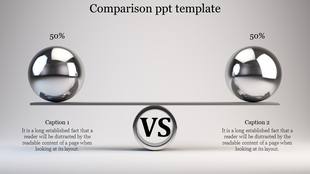Visual comparison slide featuring two identical silver spheres on a balanced scale with vs in the center.