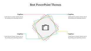 Minimalist slide with multicolor frame outlines and a suitcase symbol linked to four evenly spaced caption areas.
