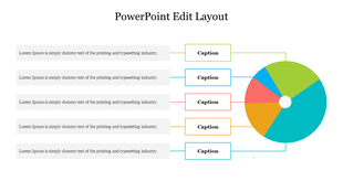 A PowerPoint layout featuring five captioned text sections alongside a colorful pie chart with placeholder text.
