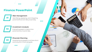 A finance PowerPoint slide showcasing risk management, investment analysis, and financial planning concepts with an image.