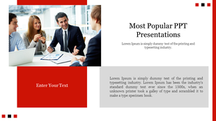 Slide with popular business discussion photo with large header text, and modern red and gray blocks for text content.