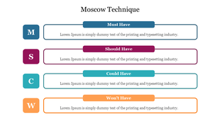 Project prioritization using the Moscow technique, with four sections with placeholder text.