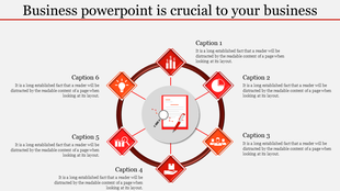 Business slide with a circular flowchart showing six red diamond-shaped icons for captions areas.