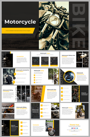 Motorcycle presentation slides with sleek design, showcasing bike types, safety, gear, accessories, and riding tips.