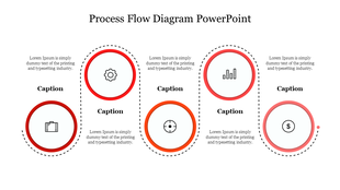 A linear flow diagram with five red shaded circles connected by dashed lines, each containing an icon.