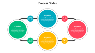 Circular process diagram with five colorful circles in green, teal, red, yellow, and blue, each with a caption and icon.