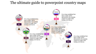 Map based PowerPoint slide displaying country statistics from North America to Australia with placeholder text.