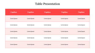 Table with a red header and multiple rows, showcasing columns labeled as captions with placeholder text.