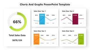 A green circular pie chart showing percentage, and four colored sales data graphs for different years.
