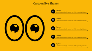 A vibrant yellow presentation slide featuring various cartoon eye shapes, with numbered sections for captions.