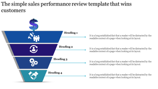 A sales performance review template using a colorful funnel design with four sections and corresponding icons with text area.