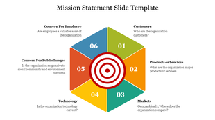 A colorful mission statement PPT slide featuring a central target with six surrounding sections on a white backdrop.
