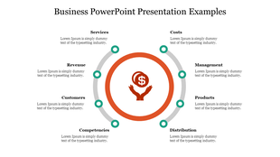 Business PowerPoint slide with icons and text highlighting eight service sections and placeholder text.