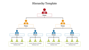 A hierarchy chart with colored icons, starting with red at the top, followed by orange, blue, and green tiers below.