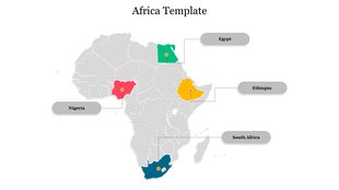 Africa map in gray with highlighted countries in red, green, yellow, and blue, with labeled boxes showing their names.