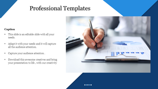 Professional design slide with bullet points on the left and image of a hand writing on financial charts on the right.