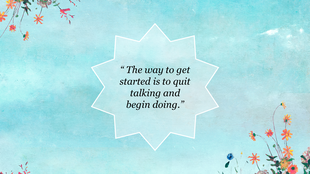 Light blue background with floral borders and a white starburst shape containing a motivational quote.
