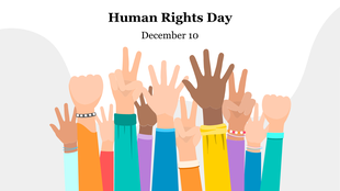 Illustration of diverse hands raised in celebration of human rights on a light background.