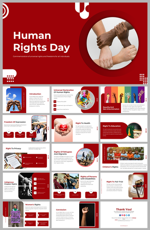 Red-themed human rights day slide deck featuring hands of various skin tones joining together in a circle.