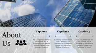 Tall skyscrapers reaching into a blue sky with white clouds, and a semi-transparent overlay containing three captions.