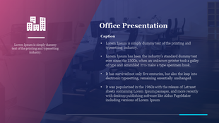 A professional office presentation slide with a gradient background and an office setting, featuring placeholder text.