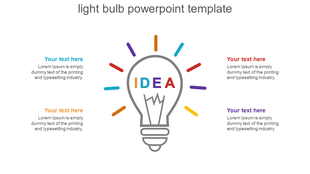 A light bulb outline slide with colorful rays symbolizing ideas, accompanied by text placeholders.