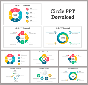 Slide deck featuring circular infographic layouts in vibrant colors with text placeholders for business and strategy themes.