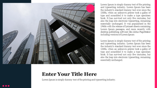Slide featuring a modern cityscape on a dark background and right aligned text section with pink accents.