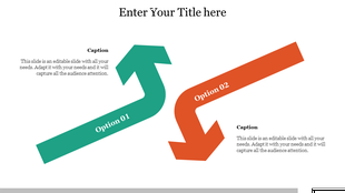 A PowerPoint slide design with arrows, featuring two options for title placement and a caption area.