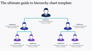 Hierarchy chart template with blue and purple icons depicting organizational structure and leadership levels.