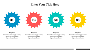 White background slide featuring four gears labeled 01 to 04 with captions, arranged in a horizontal row across the center.